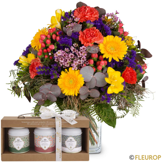 Blumenstrauss «Good Mood» mit Gottlieber Tee Geschenk-Set